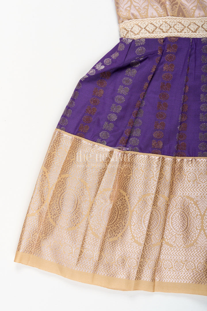 The Nesavu Girls Kanchi Silk Frock Baby Girl Kanchipuram Silk Frock for Weddings and Festive Functions Nesavu Nesavu baby girl kanchipuram silk frock in purple and gold for weddings and festive occasions