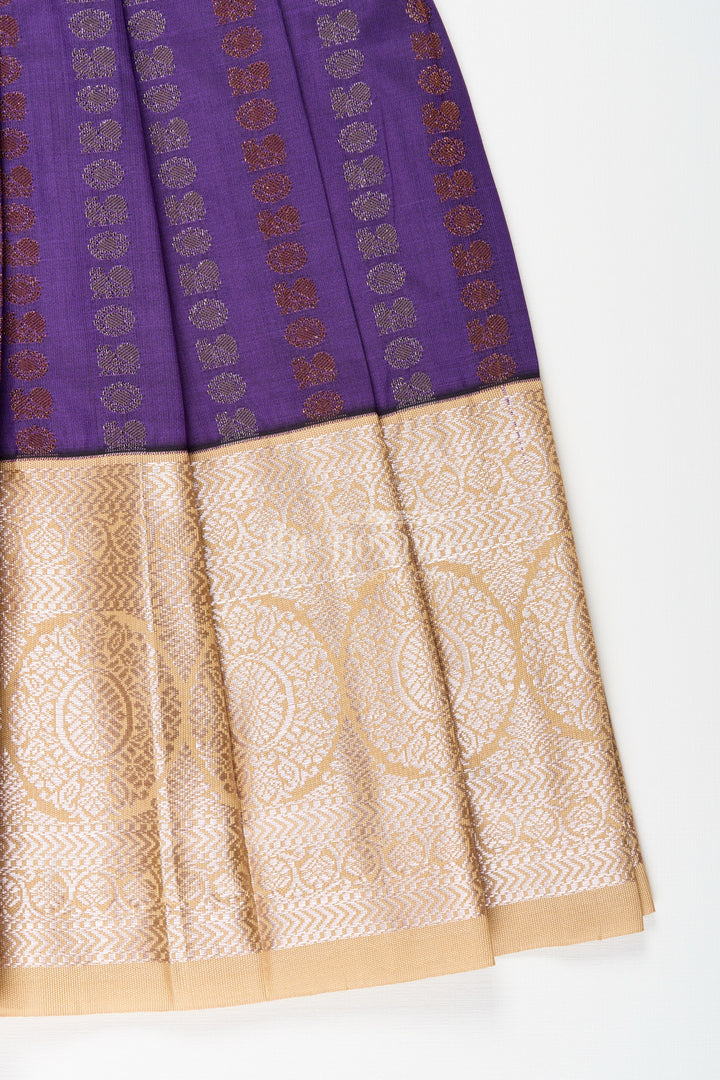 The Nesavu Girls Kanchi Silk Frock Baby Girl Kanchipuram Silk Frock for Weddings and Festive Functions Nesavu Nesavu baby girl kanchipuram silk frock in purple and gold for weddings and festive occasions