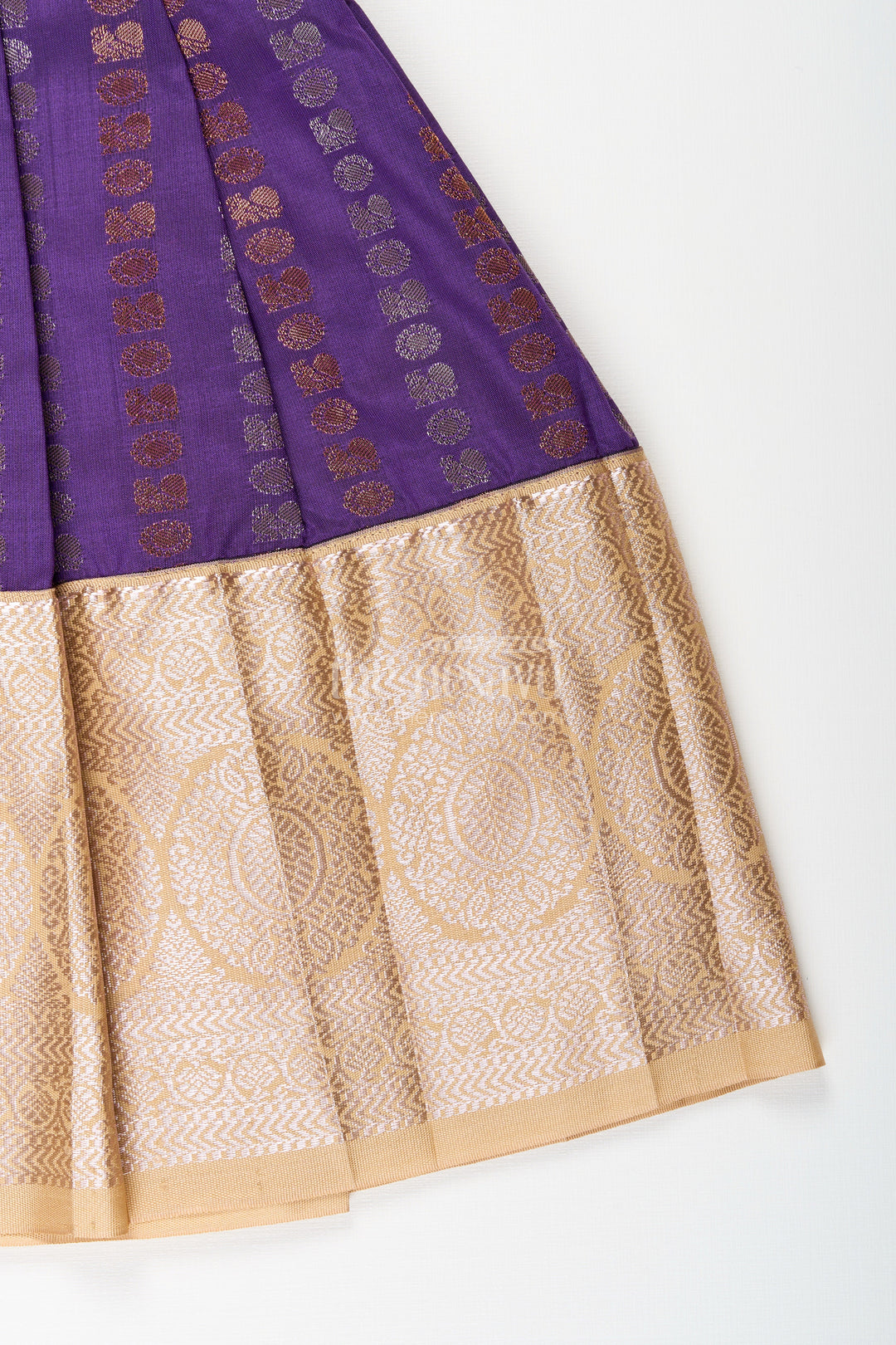 The Nesavu Girls Kanchi Silk Frock Baby Girl Kanchipuram Silk Frock for Weddings and Festive Functions Nesavu Nesavu baby girl kanchipuram silk frock in purple and gold for weddings and festive occasions