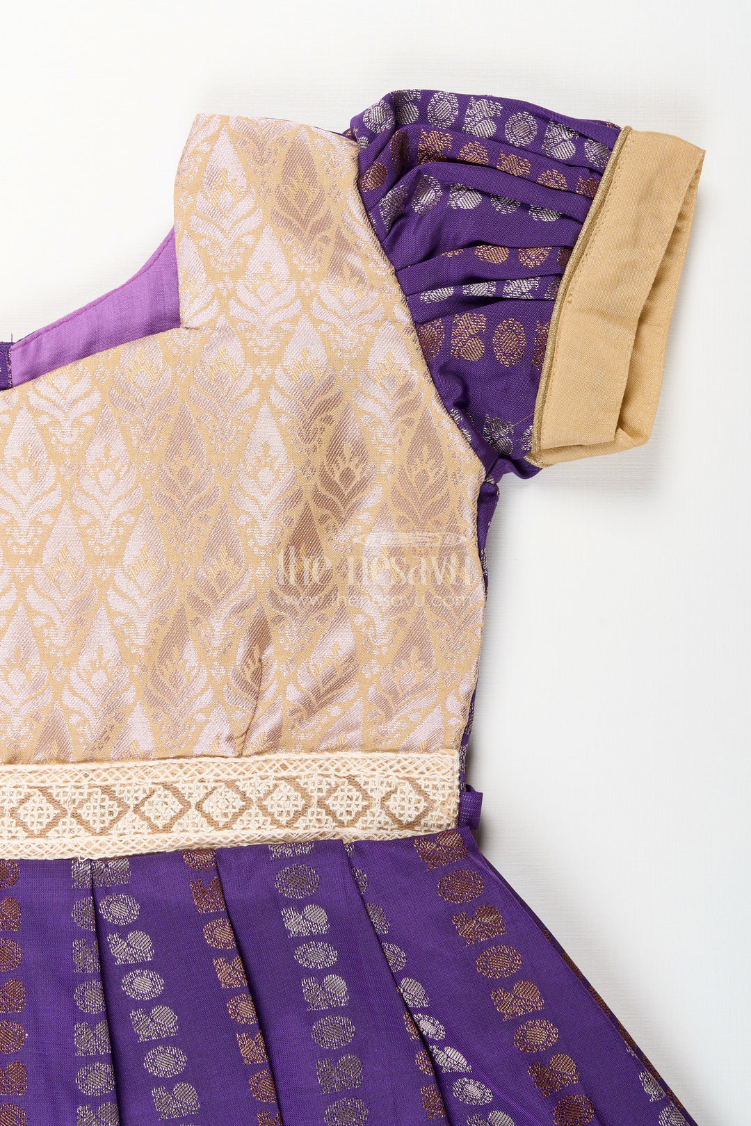 The Nesavu Girls Kanchi Silk Frock Baby Girl Kanchipuram Silk Frock for Weddings and Festive Functions Nesavu Nesavu baby girl kanchipuram silk frock in purple and gold for weddings and festive occasions