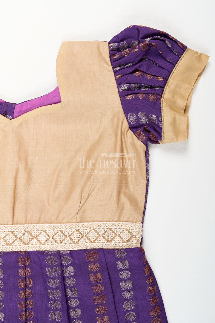 The Nesavu Girls Kanchi Silk Frock Baby Girl Kanchipuram Silk Frock for Weddings and Festive Functions Nesavu Nesavu baby girl kanchipuram silk frock in purple and gold for weddings and festive occasions