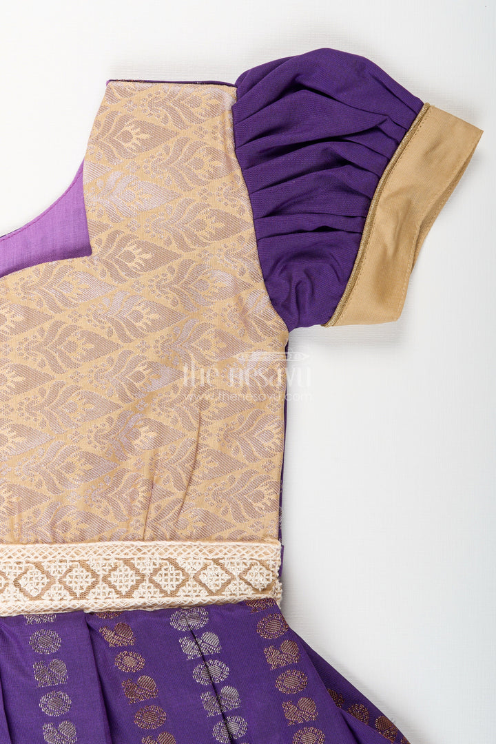The Nesavu Girls Kanchi Silk Frock Baby Girl Kanchipuram Silk Frock for Weddings and Festive Functions Nesavu Nesavu baby girl kanchipuram silk frock in purple and gold for weddings and festive occasions
