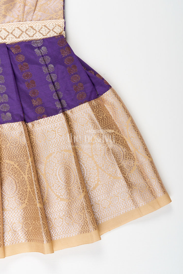 The Nesavu Girls Kanchi Silk Frock Baby Girl Kanchipuram Silk Frock for Weddings and Festive Functions Nesavu Nesavu baby girl kanchipuram silk frock in purple and gold for weddings and festive occasions
