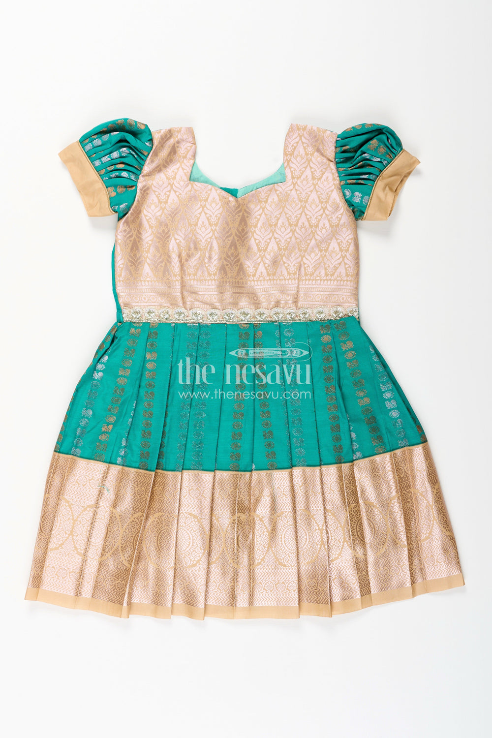 The Nesavu Girls Kanchi Silk Frock Baby Girl Kanchipuram Silk Frock for Weddings and Festive Gatherings Nesavu 14 (6M) / Green / Style 2 SF843FB-14 Nesavu baby girl kanchipuram silk frock in green and gold with lace detail for festive wear