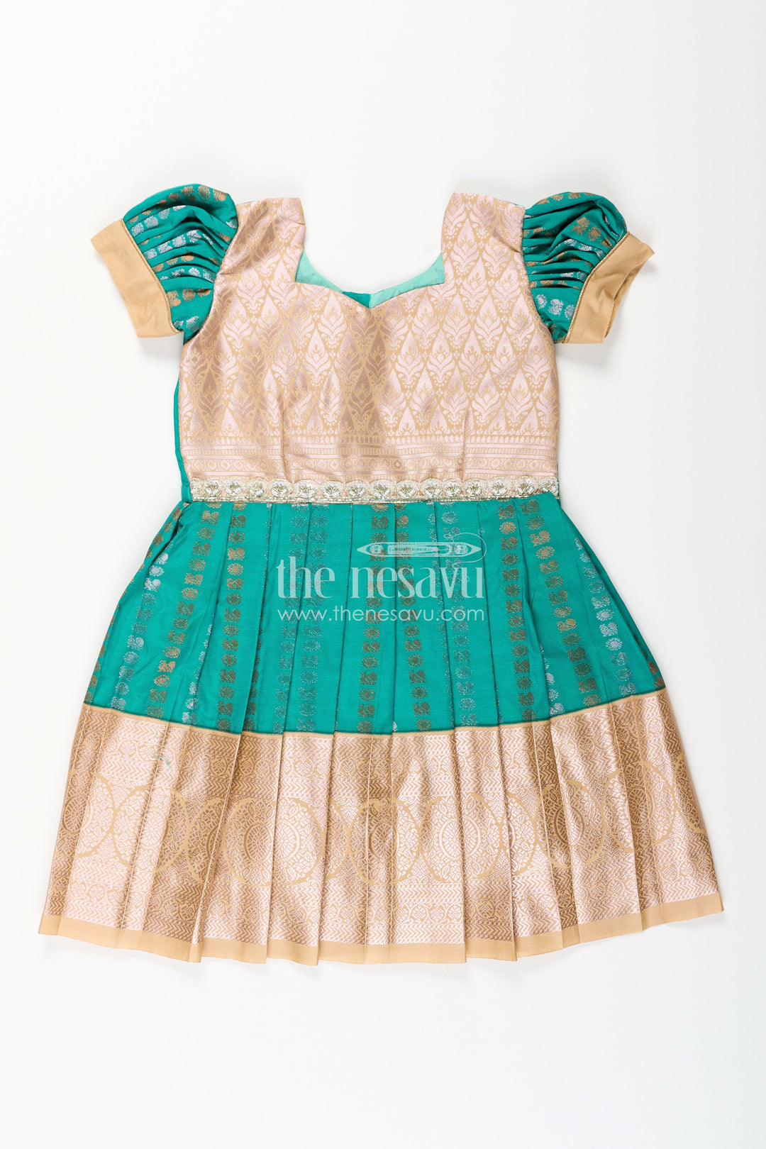 The Nesavu Girls Kanchi Silk Frock Baby Girl Kanchipuram Silk Frock for Weddings and Festive Gatherings Nesavu 14 (6M) / Green / Style 2 SF843FB-14 Nesavu baby girl kanchipuram silk frock in green and gold with lace detail for festive wear