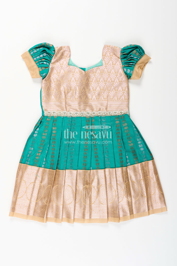 The Nesavu Girls Kanchi Silk Frock Baby Girl Kanchipuram Silk Frock for Weddings and Festive Gatherings Nesavu 14 (6M) / Green / Style 2 SF843FB-14 Nesavu baby girl kanchipuram silk frock in green and gold with lace detail for festive wear