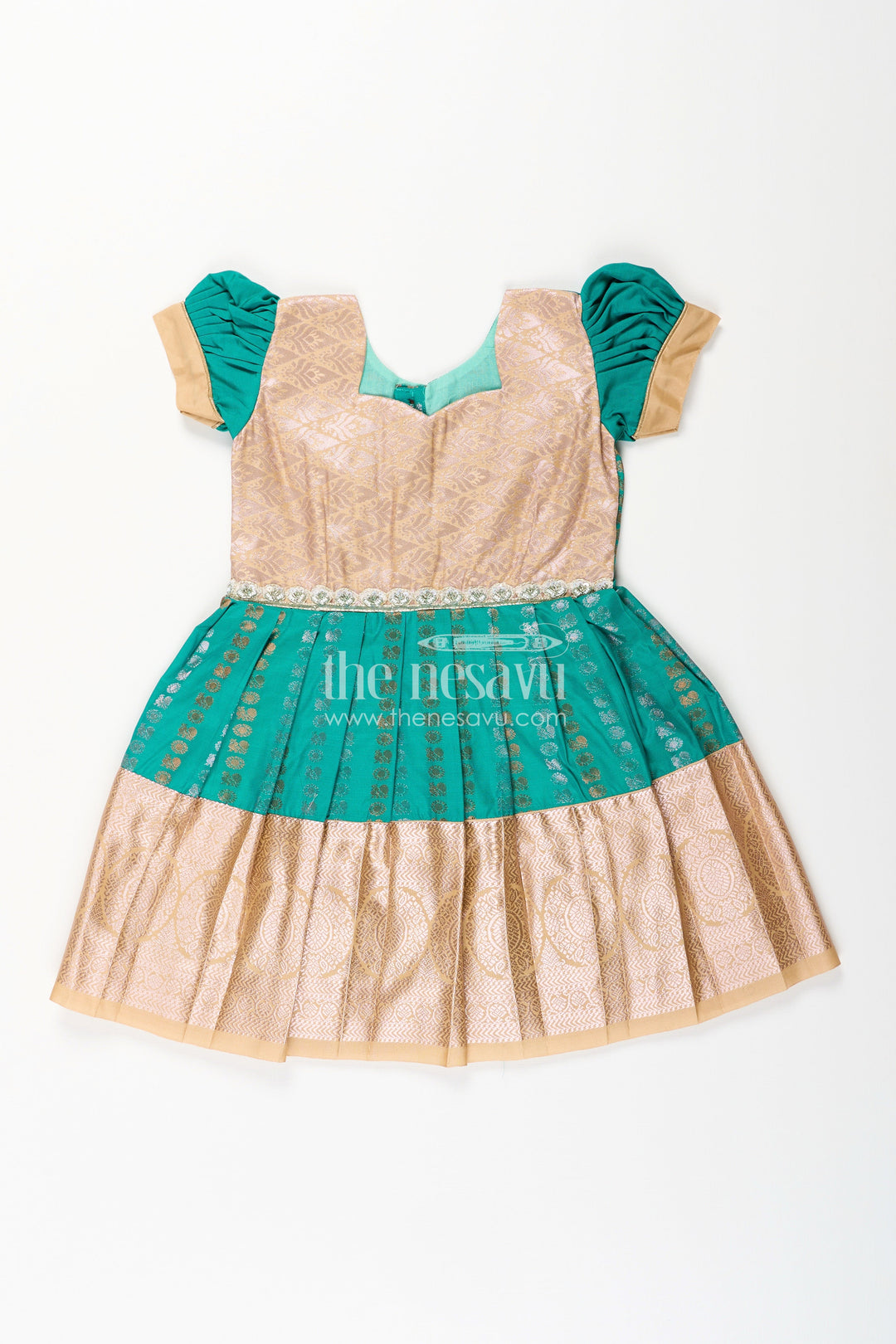 The Nesavu Girls Kanchi Silk Frock Baby Girl Kanchipuram Silk Frock for Weddings and Festive Gatherings Nesavu 14 (6M) / Green / Style 4 SF843FD-14 Nesavu baby girl kanchipuram silk frock in green and gold with lace detail for festive wear