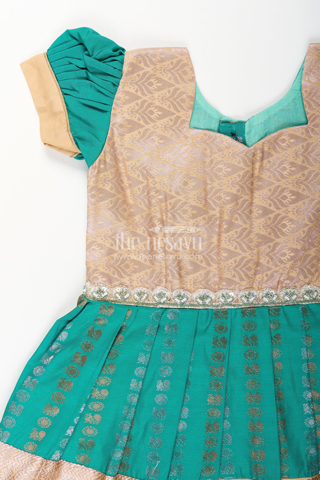 The Nesavu Girls Kanchi Silk Frock Baby Girl Kanchipuram Silk Frock for Weddings and Festive Gatherings Nesavu Nesavu baby girl kanchipuram silk frock in green and gold with lace detail for festive wear