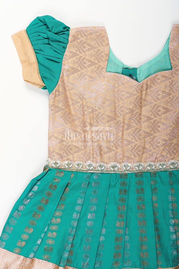 The Nesavu Girls Kanchi Silk Frock Baby Girl Kanchipuram Silk Frock for Weddings and Festive Gatherings Nesavu Nesavu baby girl kanchipuram silk frock in green and gold with lace detail for festive wear