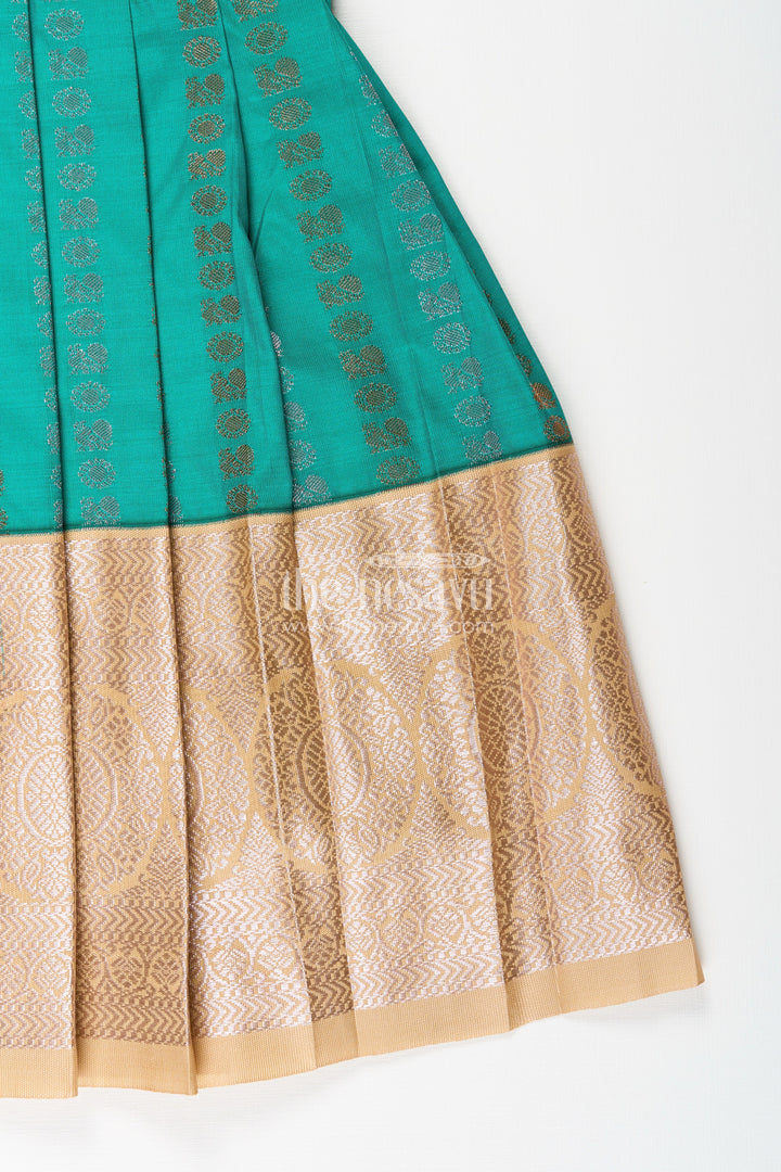 The Nesavu Girls Kanchi Silk Frock Baby Girl Kanchipuram Silk Frock for Weddings and Festive Gatherings Nesavu Nesavu baby girl kanchipuram silk frock in green and gold with lace detail for festive wear