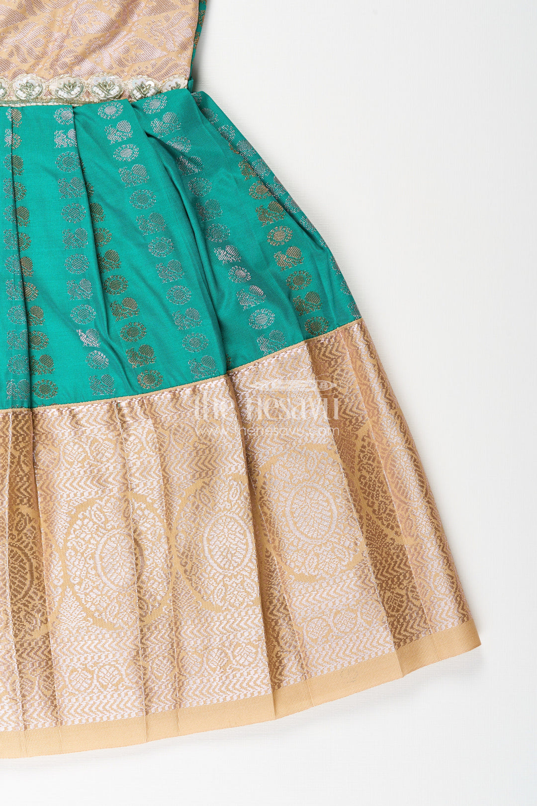 The Nesavu Girls Kanchi Silk Frock Baby Girl Kanchipuram Silk Frock for Weddings and Festive Gatherings Nesavu Nesavu baby girl kanchipuram silk frock in green and gold with lace detail for festive wear