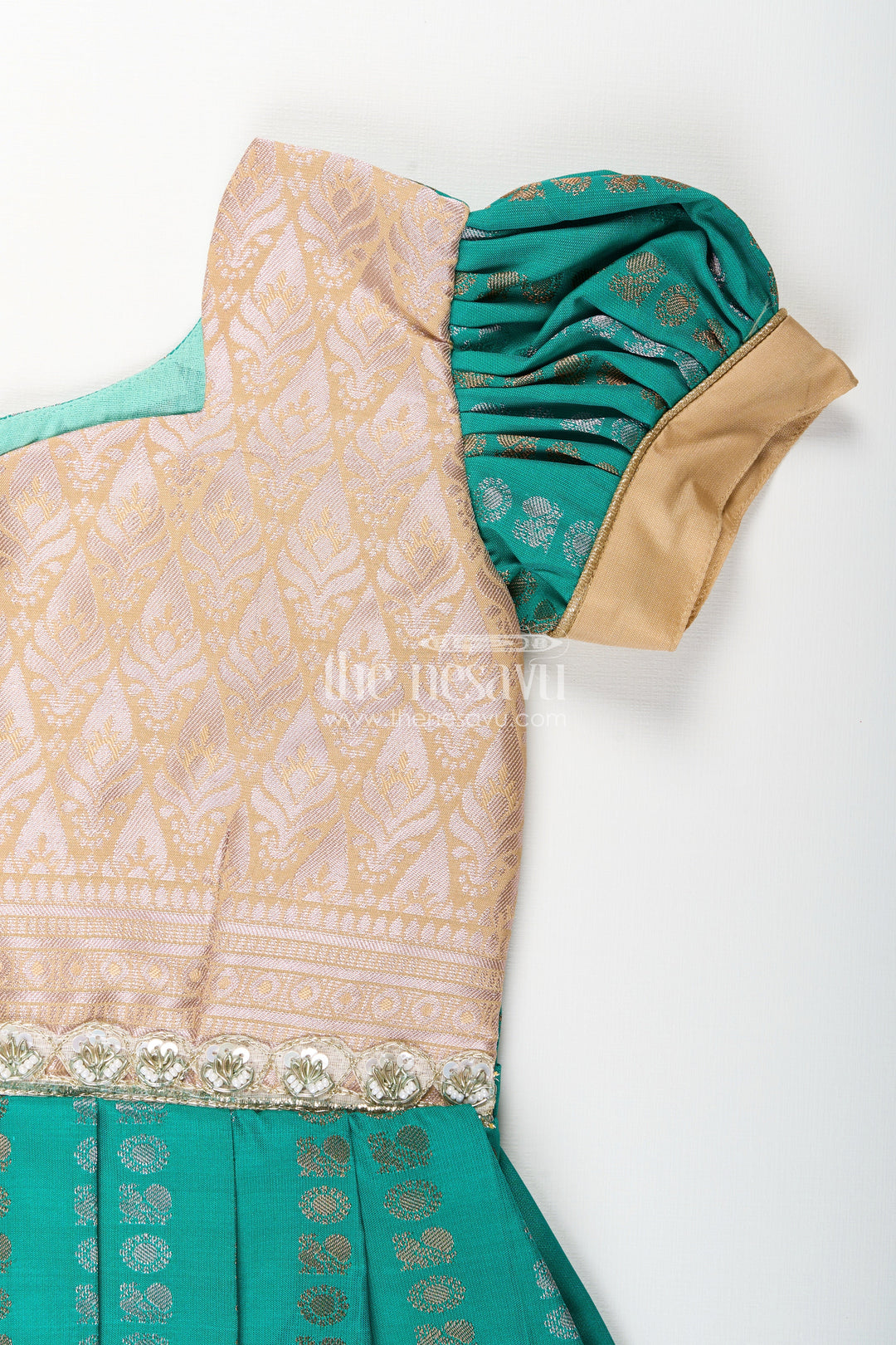 The Nesavu Girls Kanchi Silk Frock Baby Girl Kanchipuram Silk Frock for Weddings and Festive Gatherings Nesavu Nesavu baby girl kanchipuram silk frock in green and gold with lace detail for festive wear
