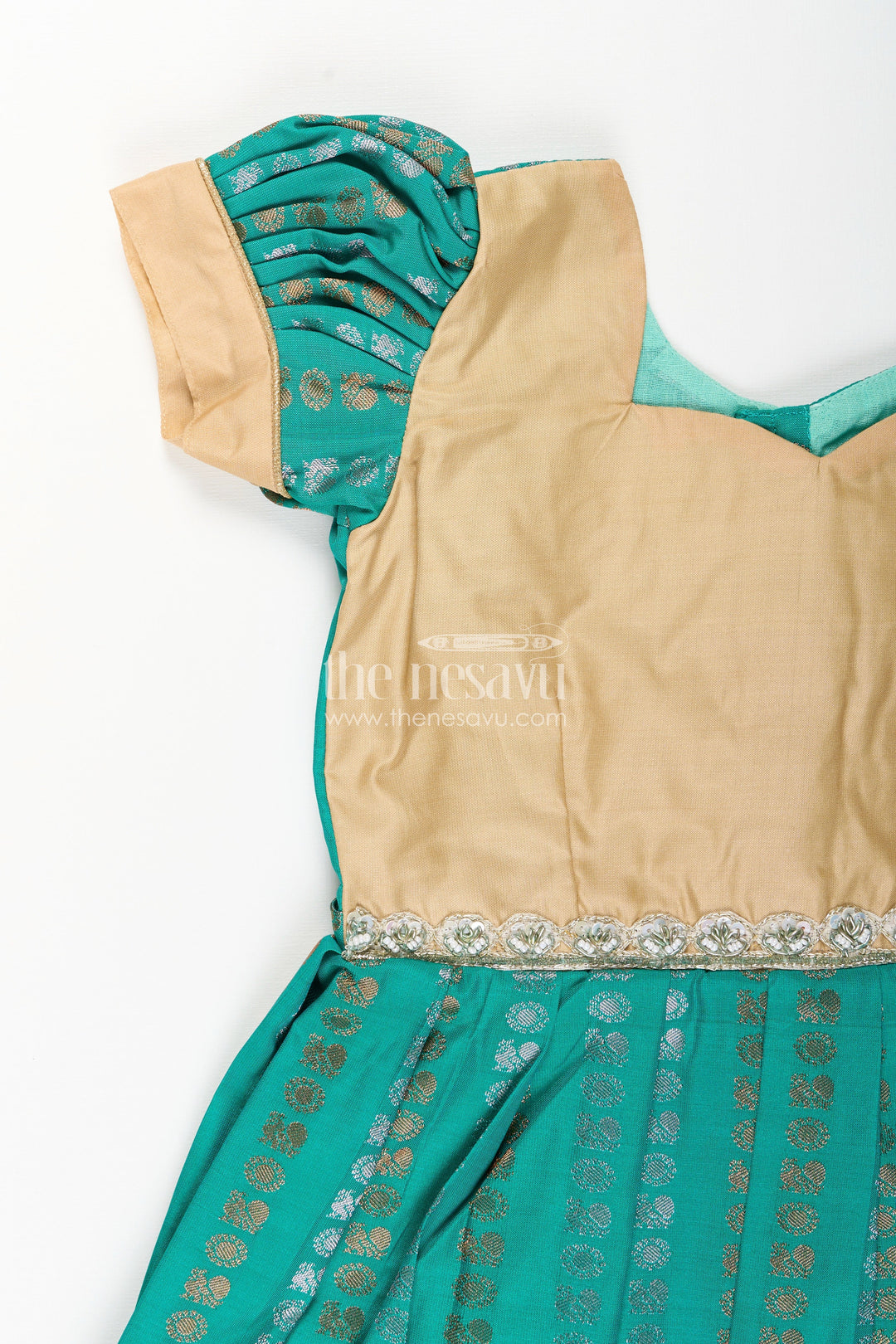 The Nesavu Girls Kanchi Silk Frock Baby Girl Kanchipuram Silk Frock for Weddings and Festive Gatherings Nesavu Nesavu baby girl kanchipuram silk frock in green and gold with lace detail for festive wear