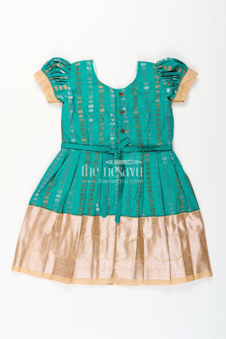 The Nesavu Girls Kanchi Silk Frock Baby Girl Kanchipuram Silk Frock for Weddings and Festive Gatherings Nesavu Nesavu baby girl kanchipuram silk frock in green and gold with lace detail for festive wear