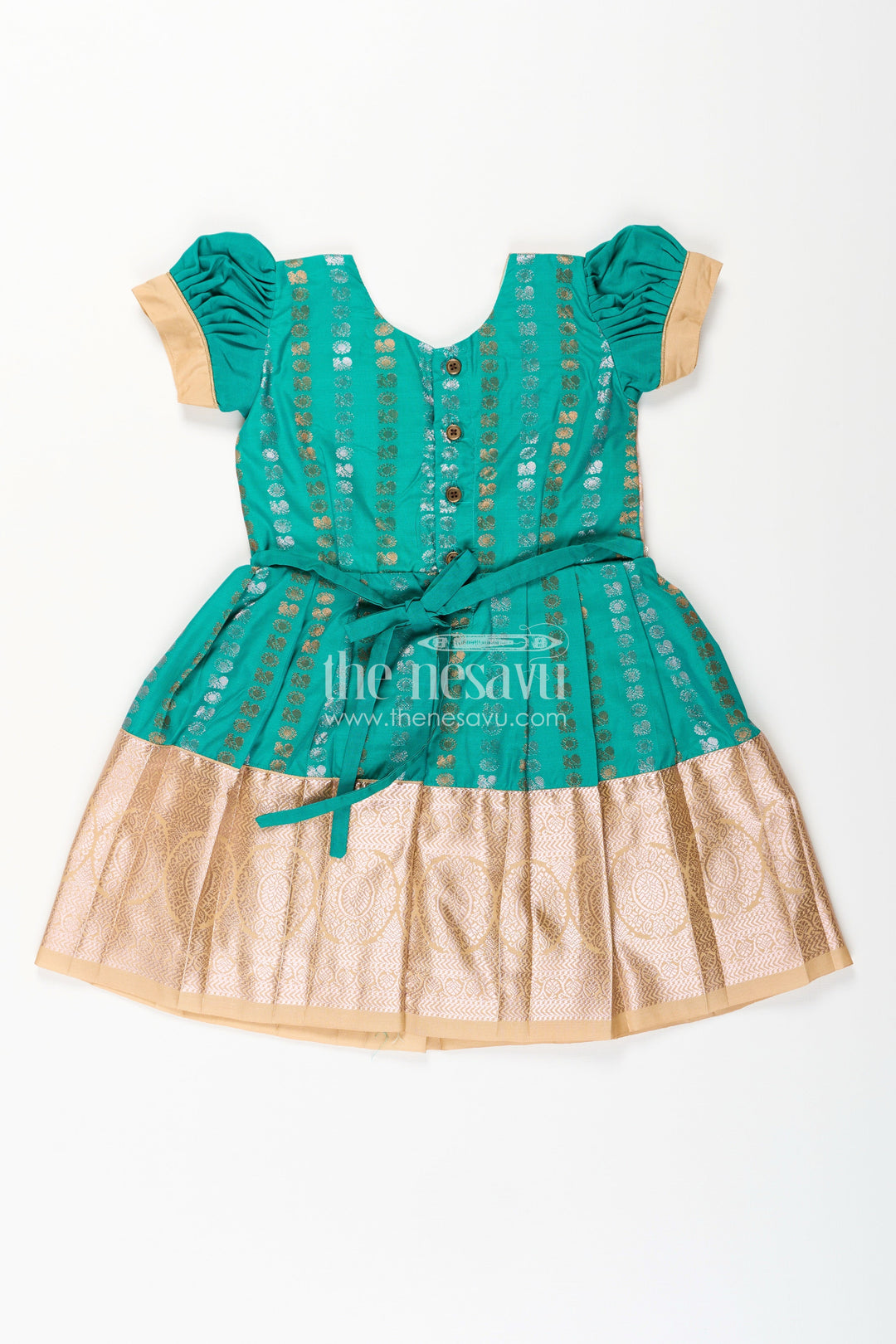 The Nesavu Girls Kanchi Silk Frock Baby Girl Kanchipuram Silk Frock for Weddings and Festive Gatherings Nesavu Nesavu baby girl kanchipuram silk frock in green and gold with lace detail for festive wear