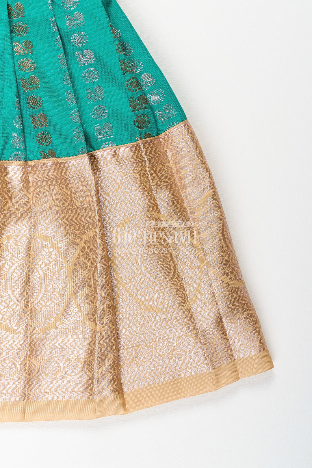 The Nesavu Girls Kanchi Silk Frock Baby Girl Kanchipuram Silk Frock for Weddings and Festive Gatherings Nesavu Nesavu baby girl kanchipuram silk frock in green and gold with lace detail for festive wear