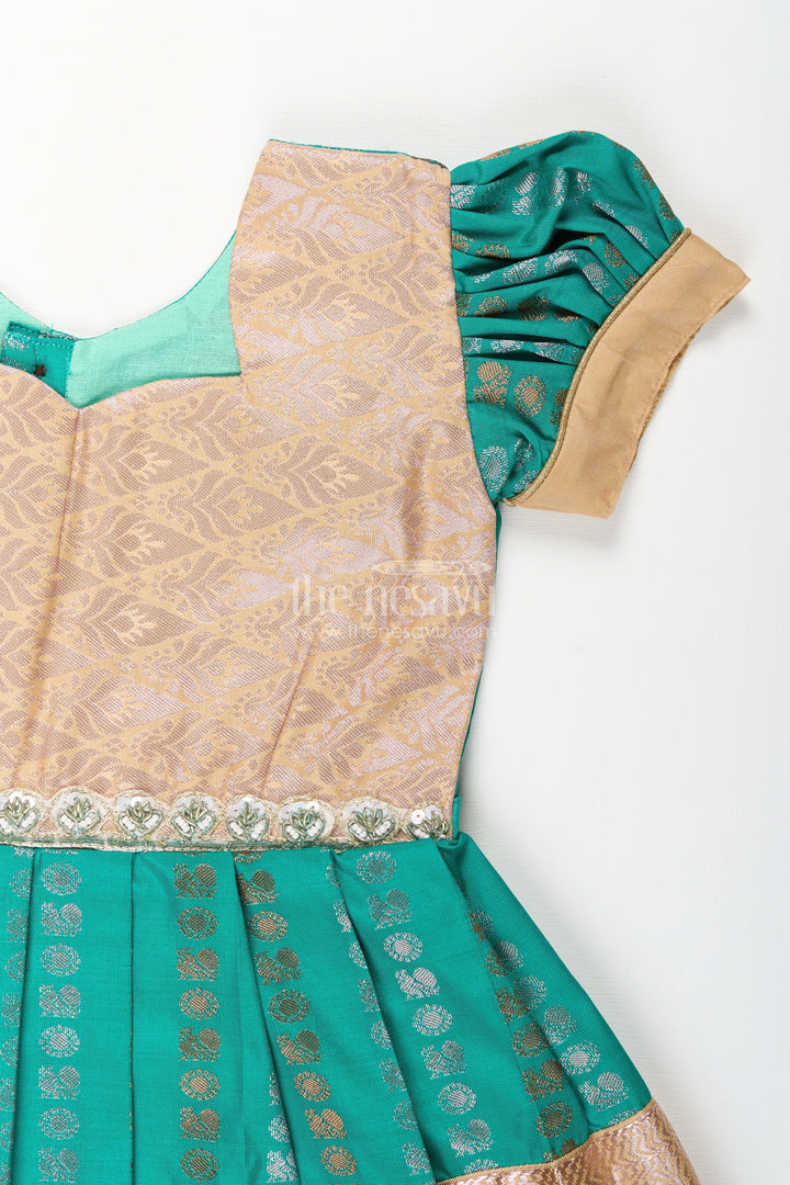 The Nesavu Girls Kanchi Silk Frock Baby Girl Kanchipuram Silk Frock for Weddings and Festive Gatherings Nesavu Nesavu baby girl kanchipuram silk frock in green and gold with lace detail for festive wear