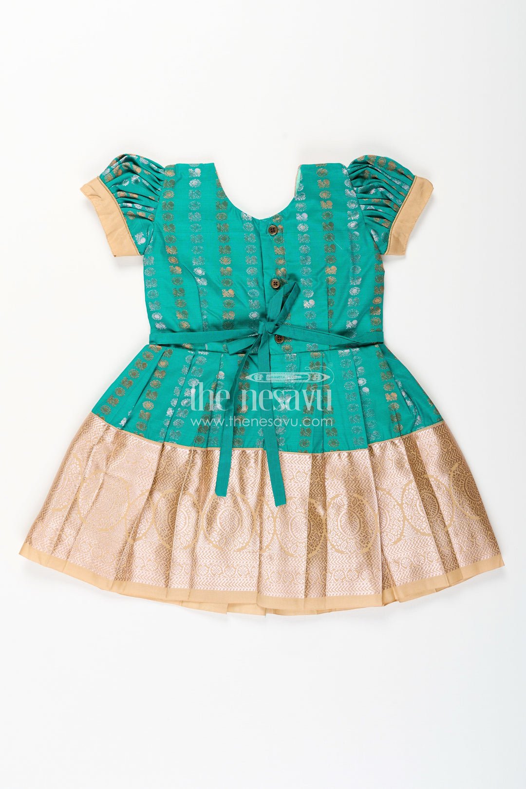 The Nesavu Girls Kanchi Silk Frock Baby Girl Kanchipuram Silk Frock for Weddings and Festive Gatherings Nesavu Nesavu baby girl kanchipuram silk frock in green and gold with lace detail for festive wear