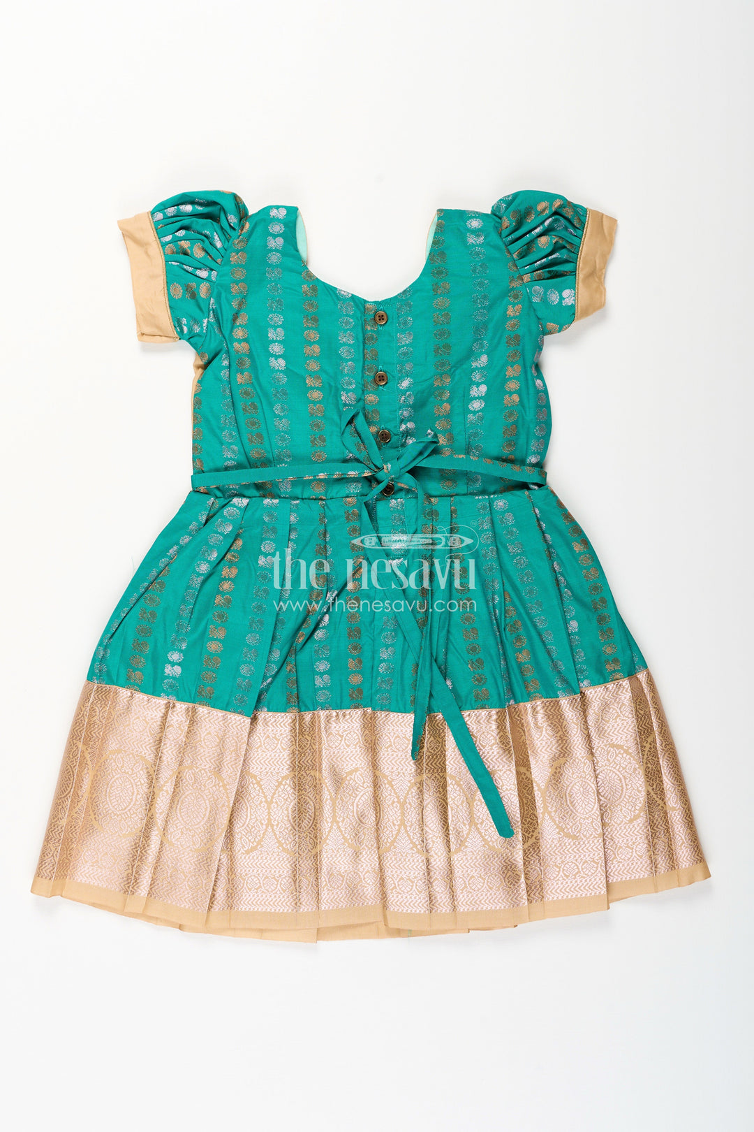 The Nesavu Girls Kanchi Silk Frock Baby Girl Kanchipuram Silk Frock for Weddings and Festive Gatherings Nesavu Nesavu baby girl kanchipuram silk frock in green and gold with lace detail for festive wear