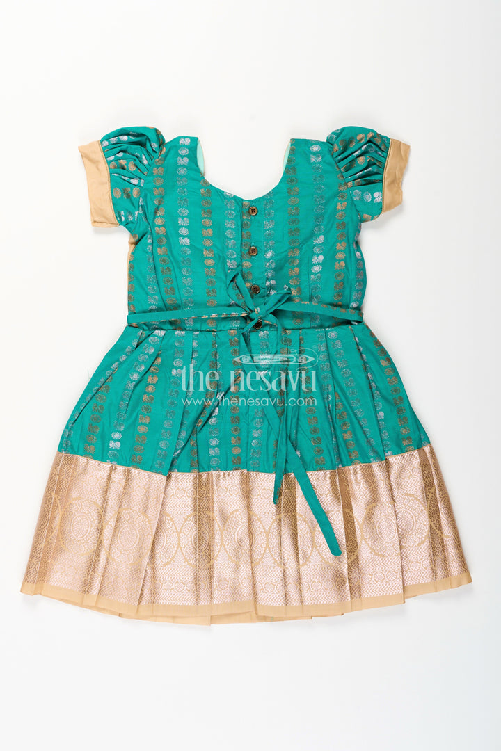 The Nesavu Girls Kanchi Silk Frock Baby Girl Kanchipuram Silk Frock for Weddings and Festive Gatherings Nesavu Nesavu baby girl kanchipuram silk frock in green and gold with lace detail for festive wear