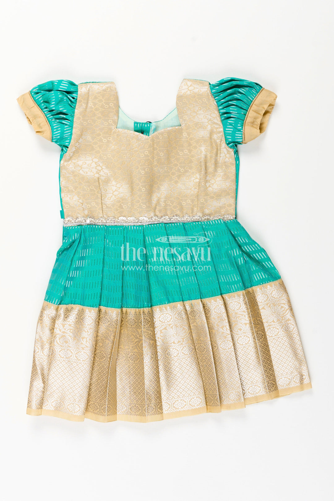 The Nesavu Girls Kanchi Silk Frock Baby Girl Kanchipuram Silk Frock for Weddings and Festive Occasions Nesavu 14 (6M) / Green / Style 1 SF848AA-14 Nesavu baby girl kanchipuram silk frock in green and gold with lace detail for festive celebrations