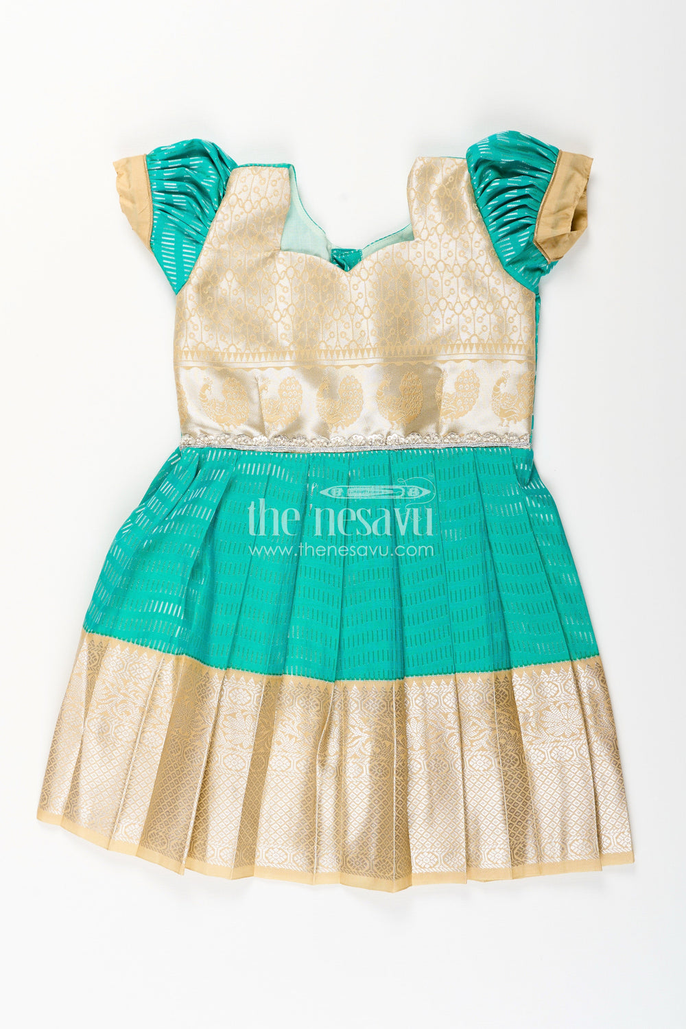 The Nesavu Girls Kanchi Silk Frock Baby Girl Kanchipuram Silk Frock for Weddings and Festive Occasions Nesavu 14 (6M) / Green / Style 2 SF848AB-14 Nesavu baby girl kanchipuram silk frock in green and gold with lace detail for festive celebrations
