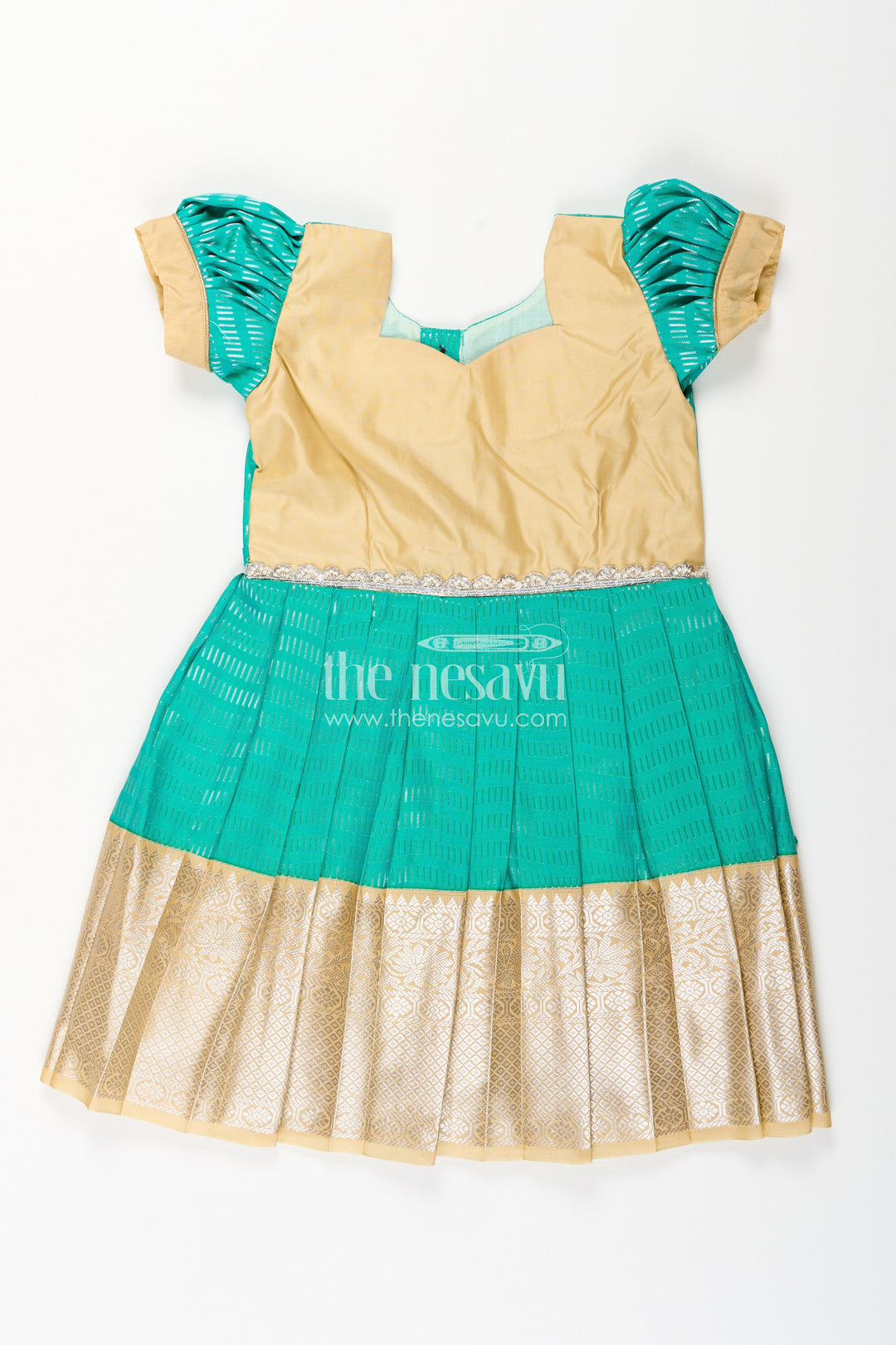The Nesavu Girls Kanchi Silk Frock Baby Girl Kanchipuram Silk Frock for Weddings and Festive Occasions Nesavu 14 (6M) / Green / Style 3 SF848AC-14 Nesavu baby girl kanchipuram silk frock in green and gold with lace detail for festive celebrations