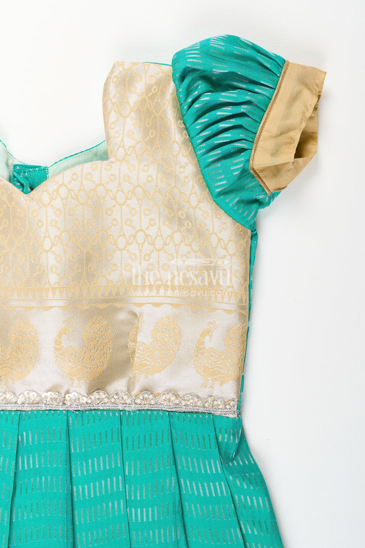 The Nesavu Girls Kanchi Silk Frock Baby Girl Kanchipuram Silk Frock for Weddings and Festive Occasions Nesavu Nesavu baby girl kanchipuram silk frock in green and gold with lace detail for festive celebrations