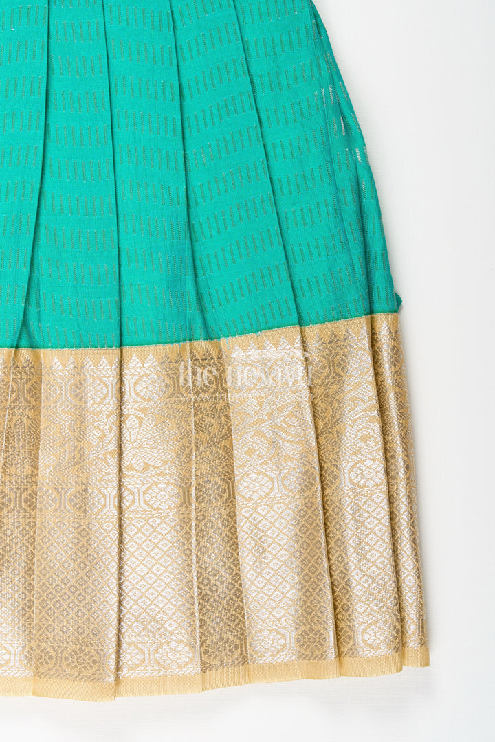 The Nesavu Girls Kanchi Silk Frock Baby Girl Kanchipuram Silk Frock for Weddings and Festive Occasions Nesavu Nesavu baby girl kanchipuram silk frock in green and gold with lace detail for festive celebrations