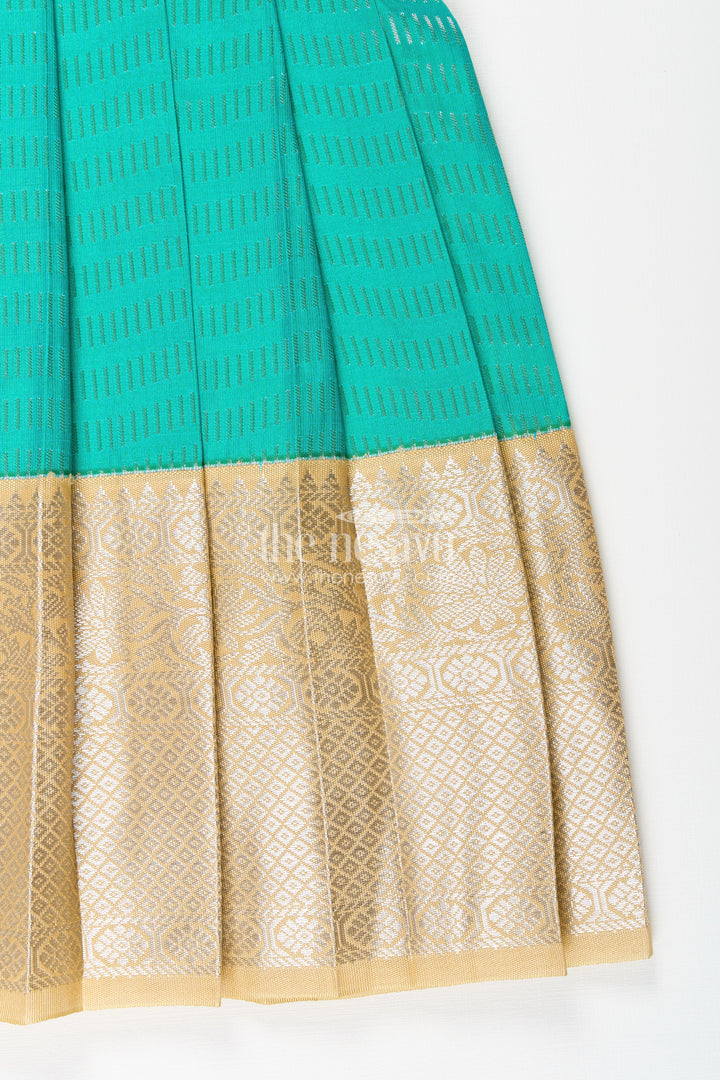 The Nesavu Girls Kanchi Silk Frock Baby Girl Kanchipuram Silk Frock for Weddings and Festive Occasions Nesavu Nesavu baby girl kanchipuram silk frock in green and gold with lace detail for festive celebrations