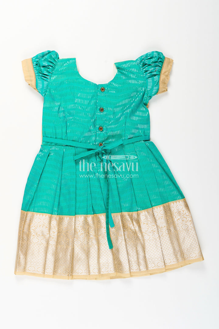 The Nesavu Girls Kanchi Silk Frock Baby Girl Kanchipuram Silk Frock for Weddings and Festive Occasions Nesavu Nesavu baby girl kanchipuram silk frock in green and gold with lace detail for festive celebrations
