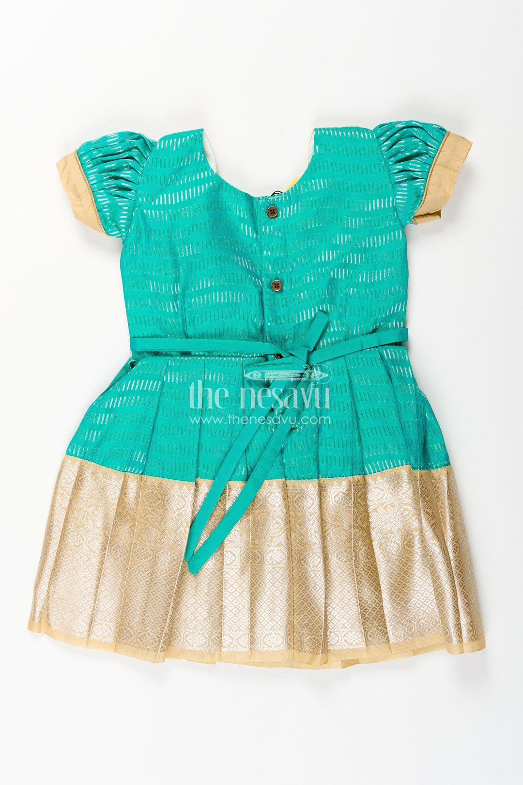The Nesavu Girls Kanchi Silk Frock Baby Girl Kanchipuram Silk Frock for Weddings and Festive Occasions Nesavu Nesavu baby girl kanchipuram silk frock in green and gold with lace detail for festive celebrations