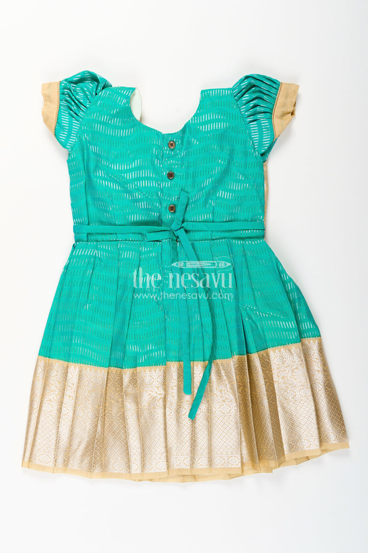 The Nesavu Girls Kanchi Silk Frock Baby Girl Kanchipuram Silk Frock for Weddings and Festive Occasions Nesavu Nesavu baby girl kanchipuram silk frock in green and gold with lace detail for festive celebrations