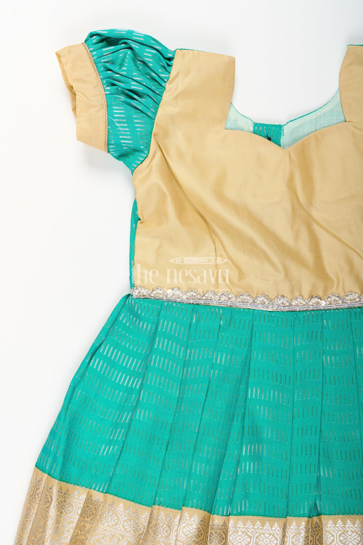 The Nesavu Girls Kanchi Silk Frock Baby Girl Kanchipuram Silk Frock for Weddings and Festive Occasions Nesavu Nesavu baby girl kanchipuram silk frock in green and gold with lace detail for festive celebrations