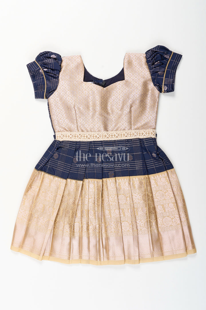 The Nesavu Girls Kanchi Silk Frock Baby Girl Kanchipuram Silk Frock for Weddings and Festive Parties Nesavu 14 (6M) / Black / Style 1 SF837AA-14 Nesavu baby girl kanchipuram silk frock in black and gold for festive and wedding occasions