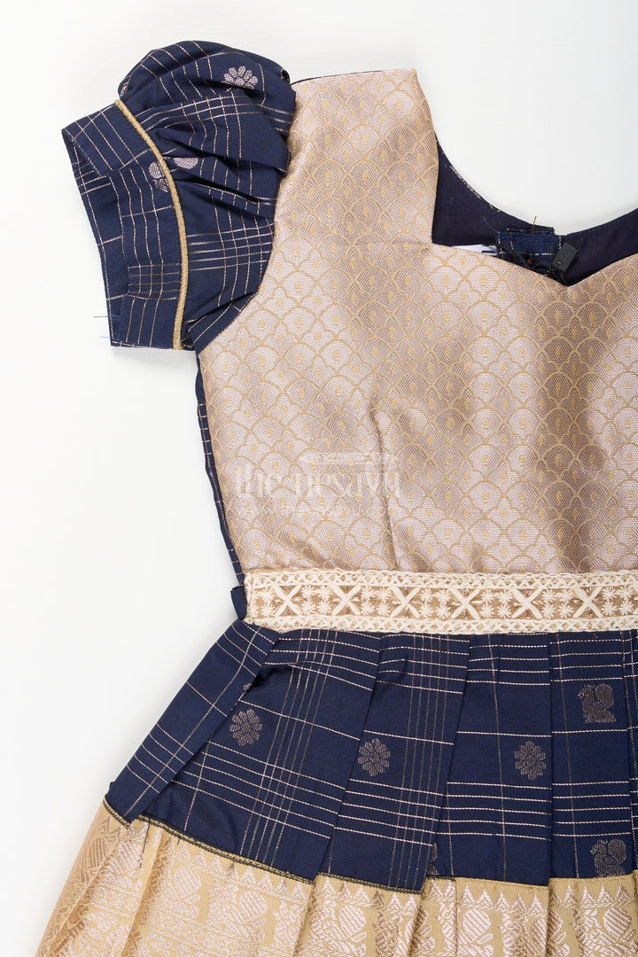 The Nesavu Girls Kanchi Silk Frock Baby Girl Kanchipuram Silk Frock for Weddings and Festive Parties Nesavu Nesavu baby girl kanchipuram silk frock in black and gold for festive and wedding occasions
