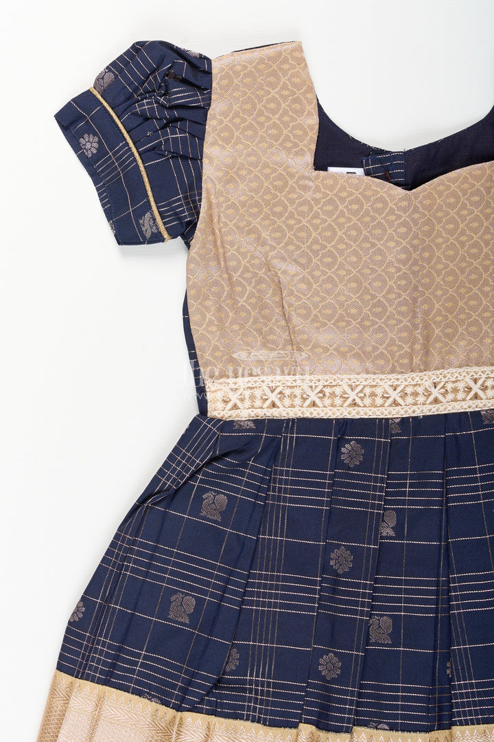 The Nesavu Girls Kanchi Silk Frock Baby Girl Kanchipuram Silk Frock for Weddings and Festive Parties Nesavu Nesavu baby girl kanchipuram silk frock in black and gold for festive and wedding occasions