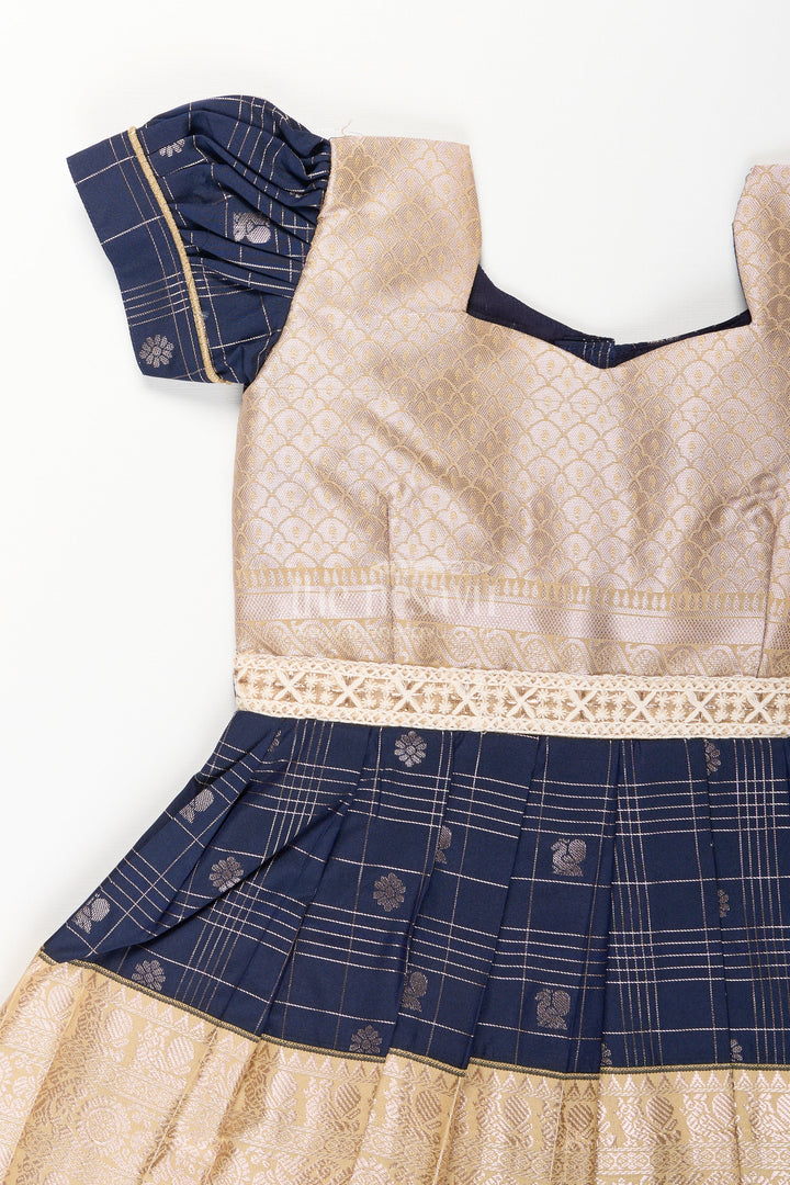 The Nesavu Girls Kanchi Silk Frock Baby Girl Kanchipuram Silk Frock for Weddings and Festive Parties Nesavu Nesavu baby girl kanchipuram silk frock in black and gold for festive and wedding occasions