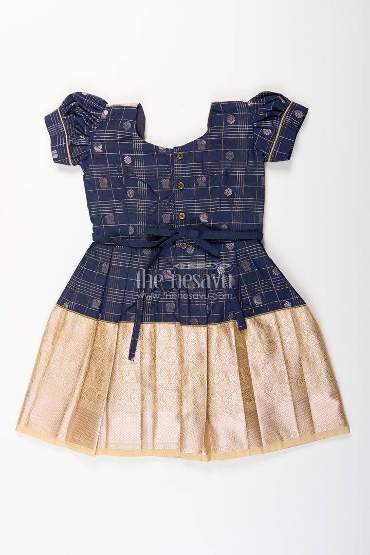 The Nesavu Girls Kanchi Silk Frock Baby Girl Kanchipuram Silk Frock for Weddings and Festive Parties Nesavu Nesavu baby girl kanchipuram silk frock in black and gold for festive and wedding occasions
