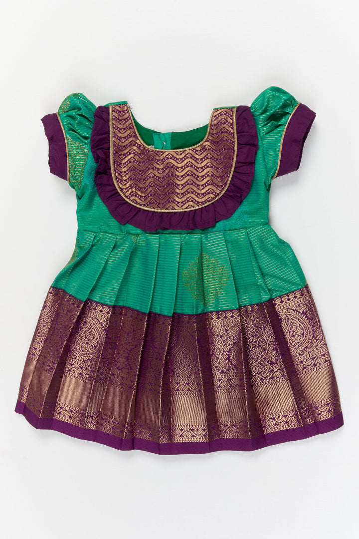 The Nesavu Girls Kanchi Silk Frock Baby Girl Kanchipuram Silk Frock for Weddings and Traditional Photoshoots Nesavu 10 (NB) / Green / Style 1 KSF056AA-10 Nesavu baby girl kanchipuram silk frock with zari border for weddings and traditional functions