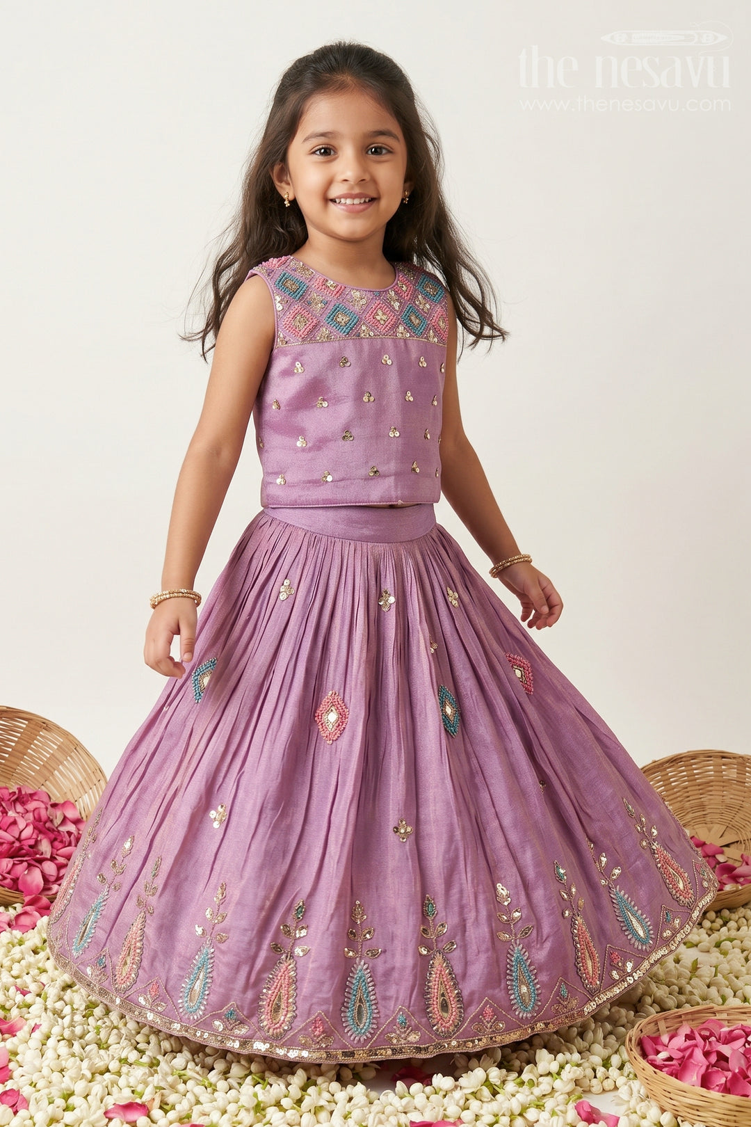 The Nesavu Girls Lehenga Choli Baby Girl Lehenga Choli for Festive Occasions and Weddings Nesavu 16 (1Y) / Purple / Viscose Silk GL927A-16 Nesavu Baby Girl Lehenga Choli For Weddings With Sequence Embroidery And Flared Festive Skirt