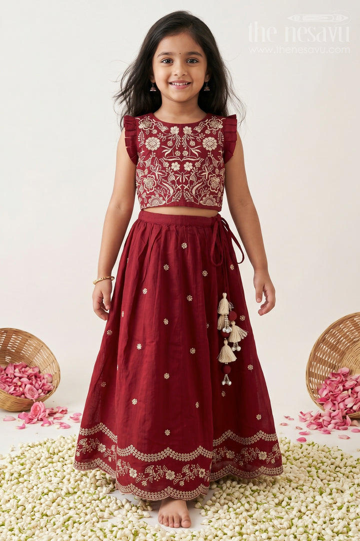 The Nesavu Girls Ethnic Lehenga Baby Girl Lehenga for Weddings and Festive Occasions Nesavu 24 (5Y) / Red / Cotton Silk GL926A-24 Nesavu Baby Girl Silk Cotton Lehenga With Thread Embroidery For Weddings And Festive Occasions