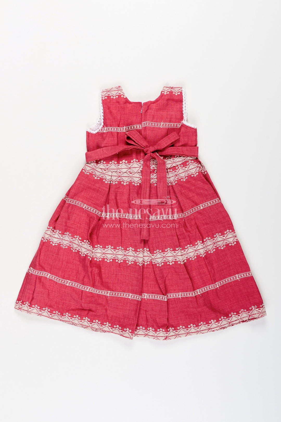 The Nesavu Girls Fancy Frock Baby Girl Maroon Cotton Blend Frock with White Thread Embroidery for Festive Events Nesavu Nesavu baby girl maroon cotton blend frock white embroidery weddings festive wear