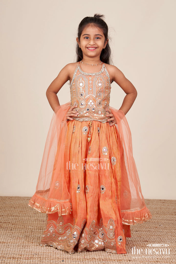 The Nesavu Girls Lehenga Choli Baby Girl Mirror Work Lehenga Choli for Wedding and Festive Wear Nesavu 16 (1Y) / Orange GL823B-16 Nesavu baby girl lehenga choli mirror embroidery latkan weddings occasions