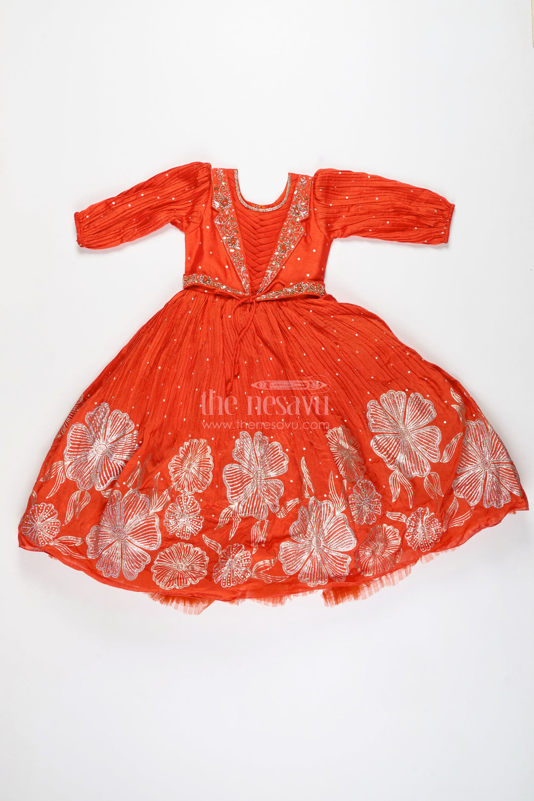 The Nesavu Girls Party Gown Baby Girl Orange Gown for Festive Celebrations Ethnic Stone Embellished Sibling Dress Nesavu Nesavu Baby Girl Orange Gown Festive Celebrations Ethnic Stone Embellished Georgette Dress