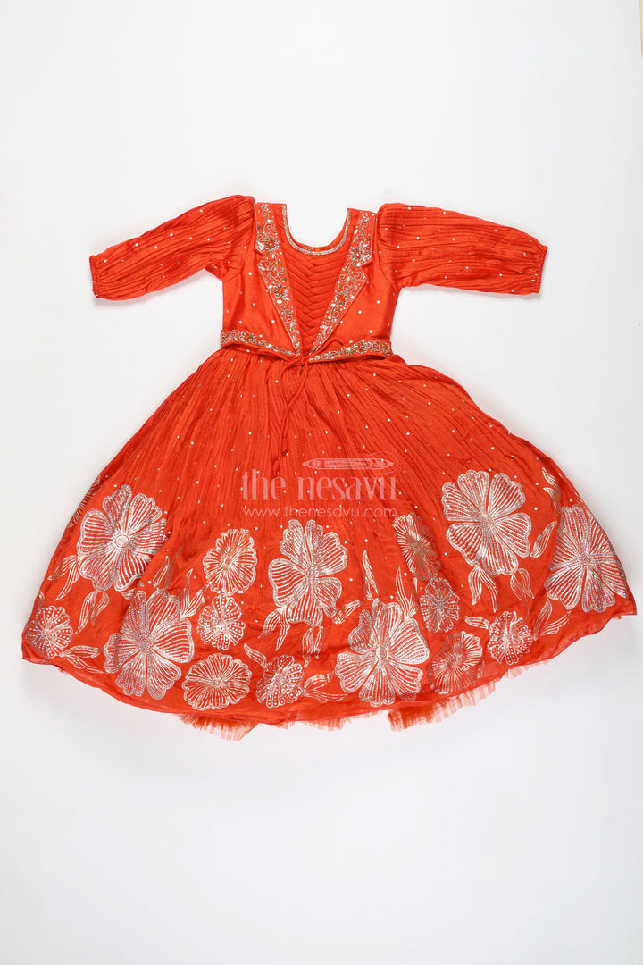 The Nesavu Girls Party Gown Baby Girl Orange Gown for Festive Celebrations Ethnic Stone Embellished Sibling Dress Nesavu Nesavu Baby Girl Orange Gown Festive Celebrations Ethnic Stone Embellished Georgette Dress