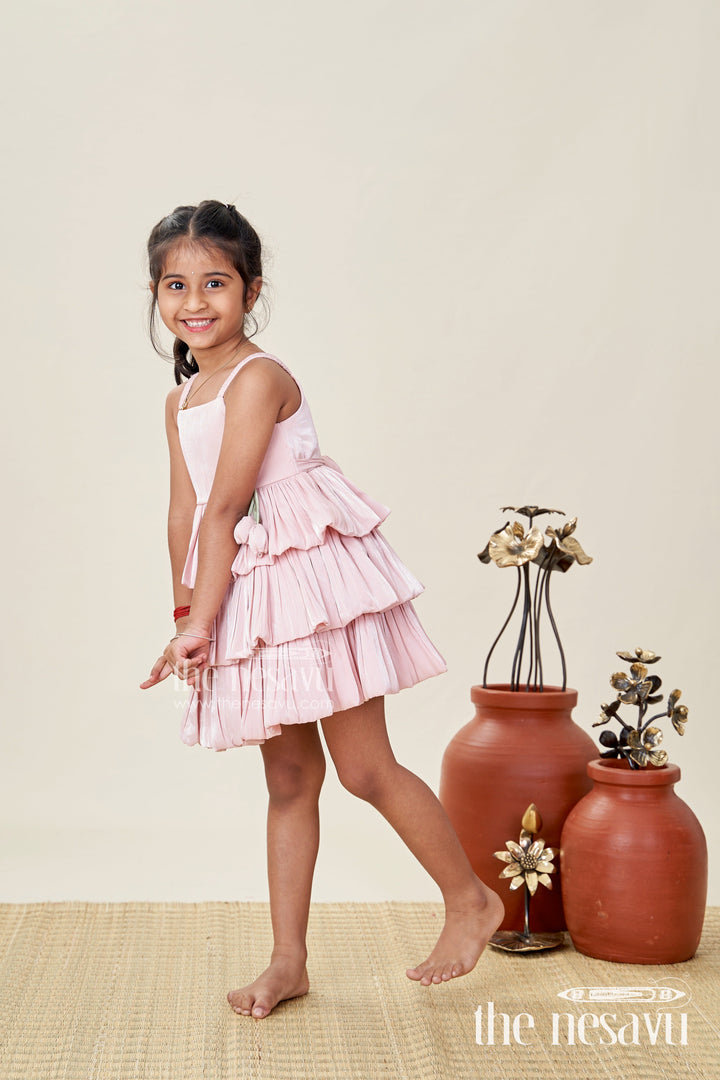 The Nesavu Baby Frocks Baby Girl Organza Frock with Ruffles & Floral Waist Nesavu 14 (6M) / Peach BFJ824B-14 Nesavu Organza Baby Girl Frock Layered Ruffles Perfect Dress Birthdays Photoshoots
