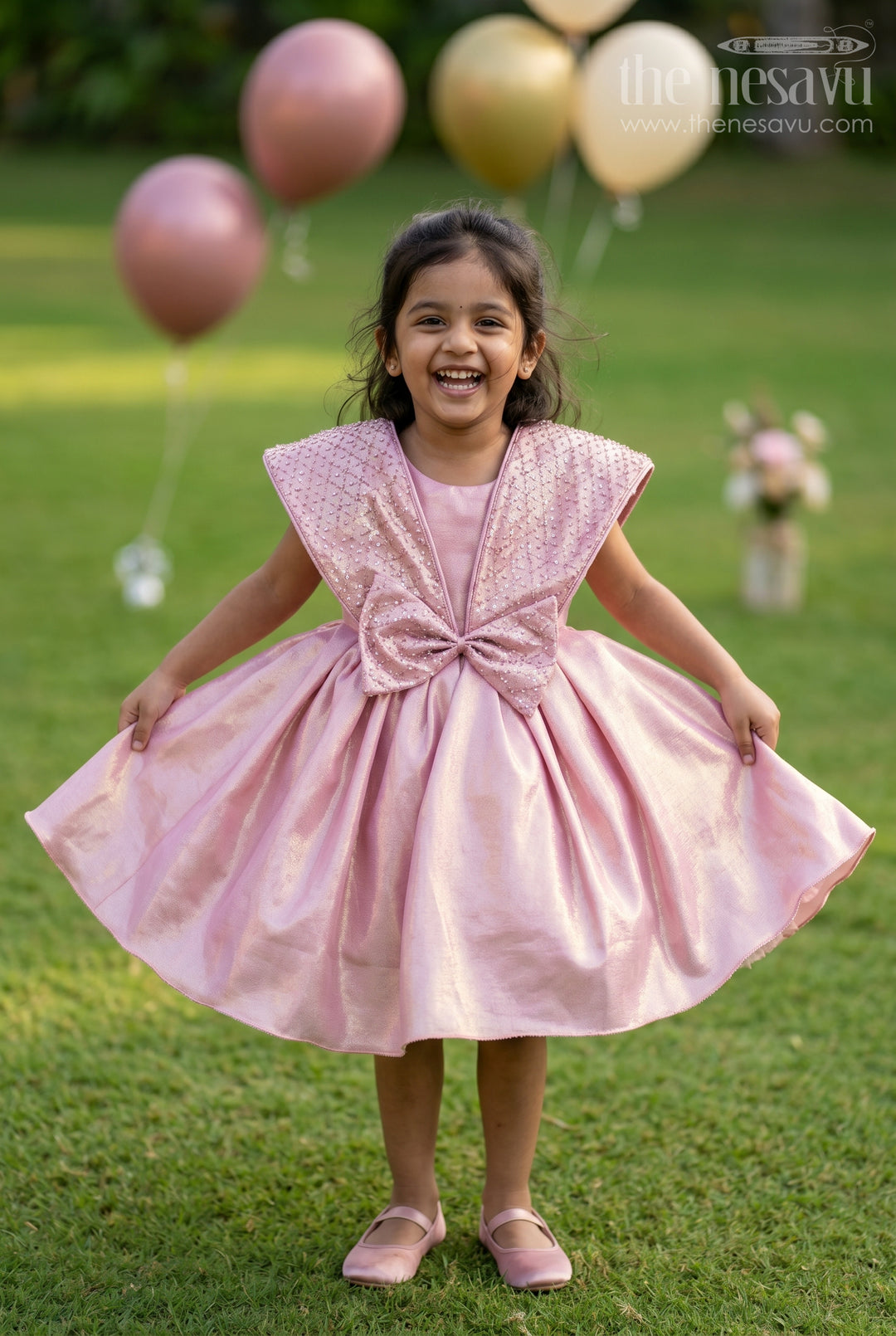 The Nesavu Girls Fancy Party Frock Baby Girl Party Dress for Birthdays and Special Celebrations Nesavu 16 (1Y) / Peach / Shimmer PF301A-16 Nesavu Baby Girl Shimmer Party Dress For Birthdays With Sequin Embroidery And Flared Design