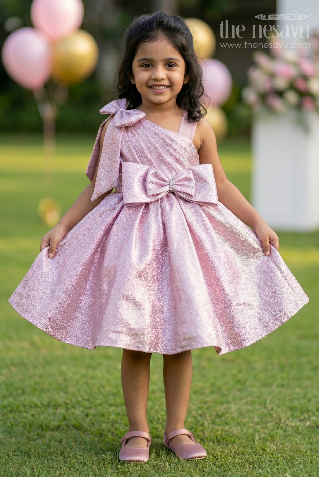 The Nesavu Girls Fancy Party Frock Baby Girl Party Dress for Birthdays and Special Occasions Nesavu 16 (1Y) / Pink / Satin PF292B-16 Nesavu baby girl shimmer satin party dress for birthdays and special occasions with elegant bow design