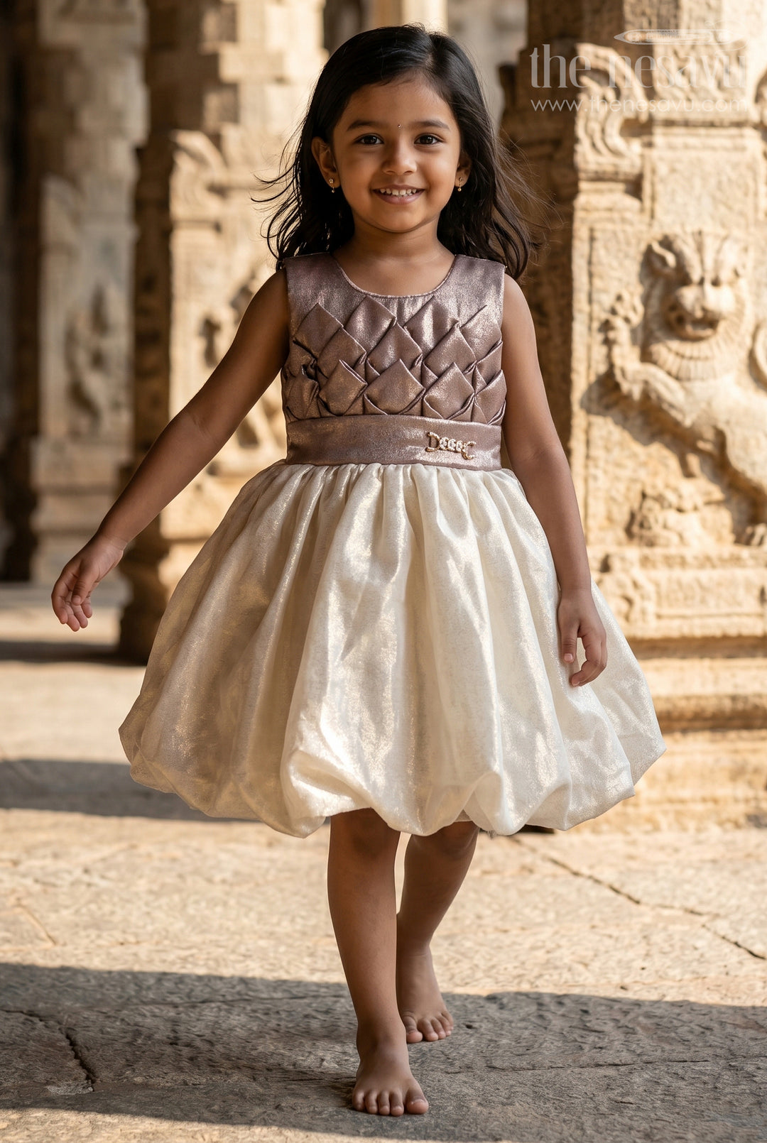 The Nesavu Silk Frock Baby Girl Party Frock for Birthday and Festive Celebrations Nesavu 16 (1Y) / Beige / Shimmer tissue SF1137A-16 Nesavu baby girl party frock for birthday celebrations shimmer tissue festive dress for kids